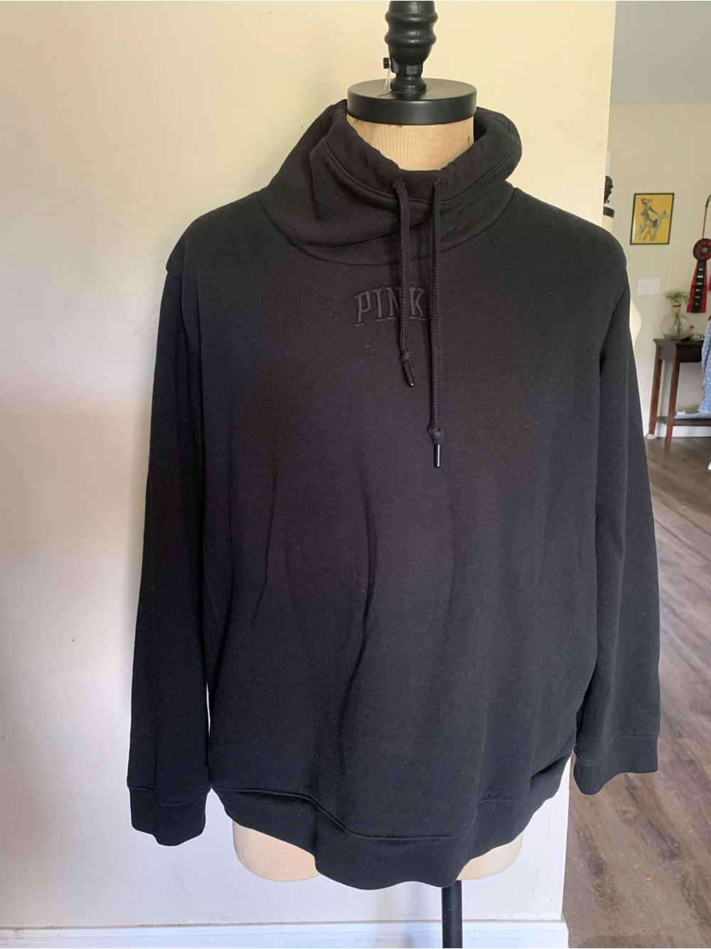 PINK Victoria Secret Black Pullover Turtle Neck Hoodie Sherpa Lined | Size XL